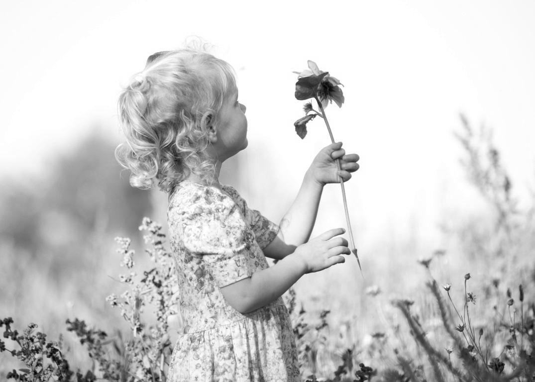 Lille pige står med blomst i hånden